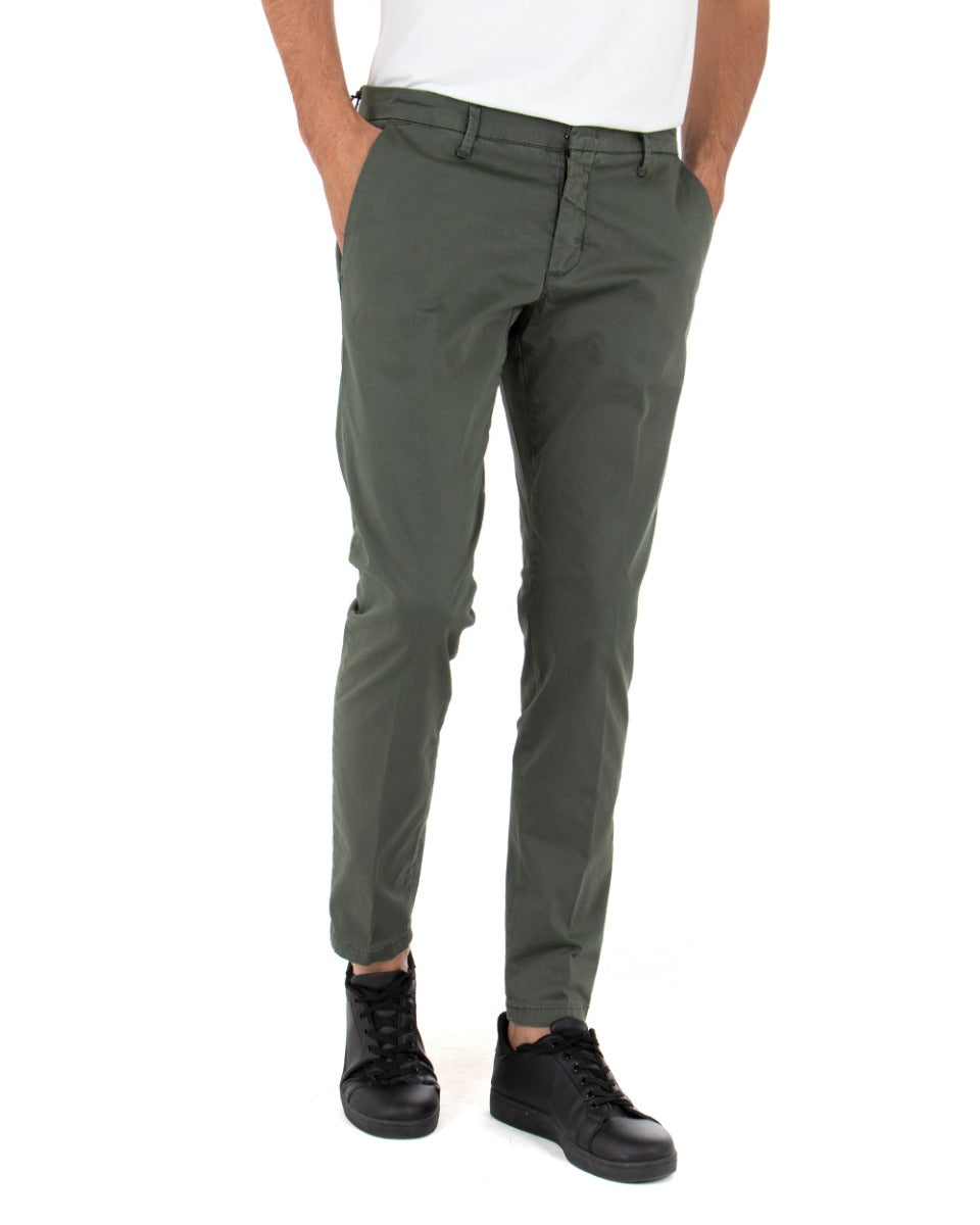 Pantaloni Uomo Slim Tasca America Tinta Unita Verde Abbottonatura Nascosta GIOSAL-P3589A