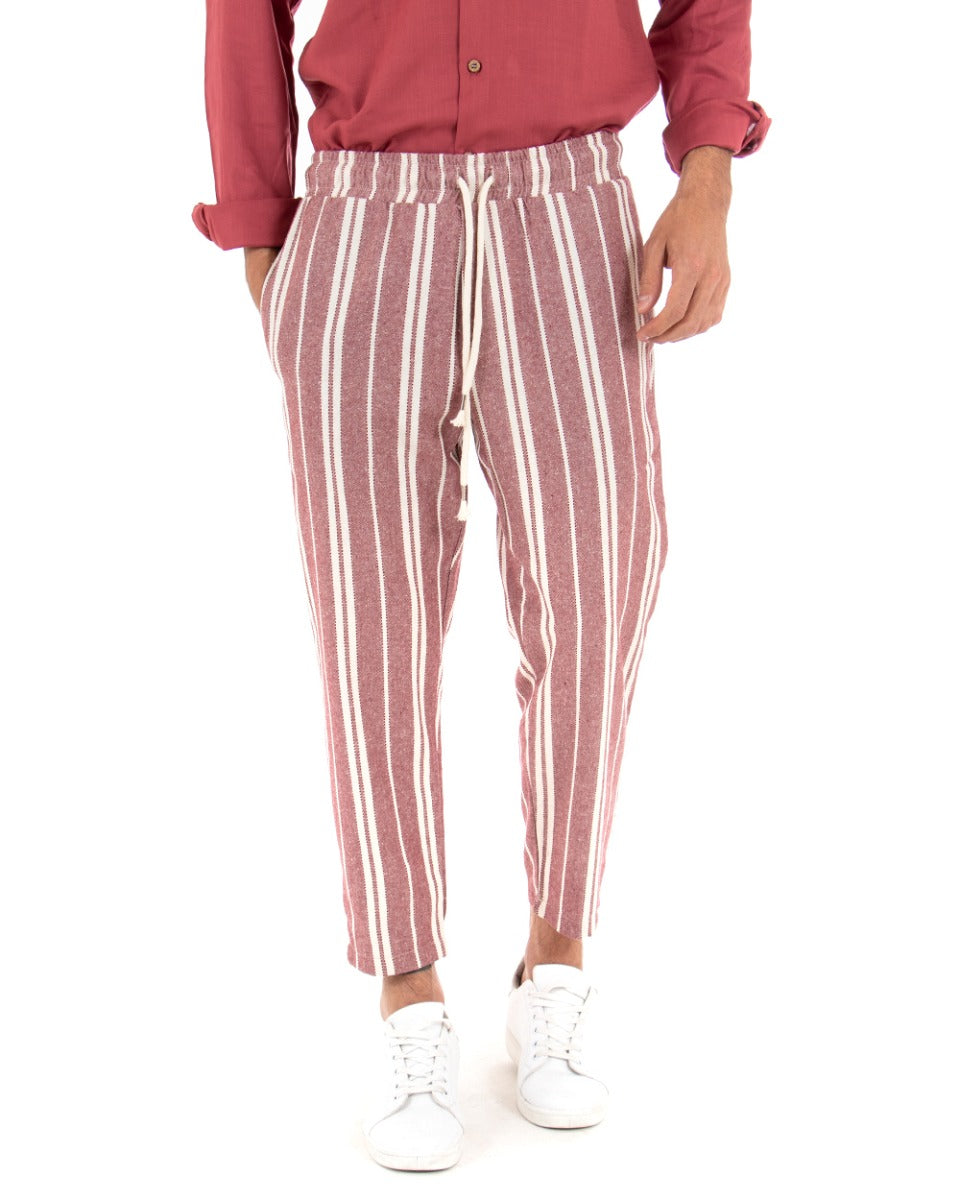 Men's Red White Striped Cotton Trousers Elastic Drawstring Striped Pattern GIOSAL