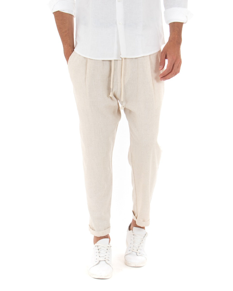 Pantaloni Uomo Pantalaccio Elastico Lino Tinta Unita Beige Cavallo Basso Casual GIOSAL-P3708A