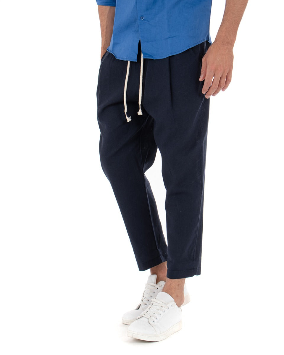 Pantaloni Uomo Pantalaccio Elastico Lino Tinta Unita Blu Cavallo Basso Casual GIOSAL-P3709A