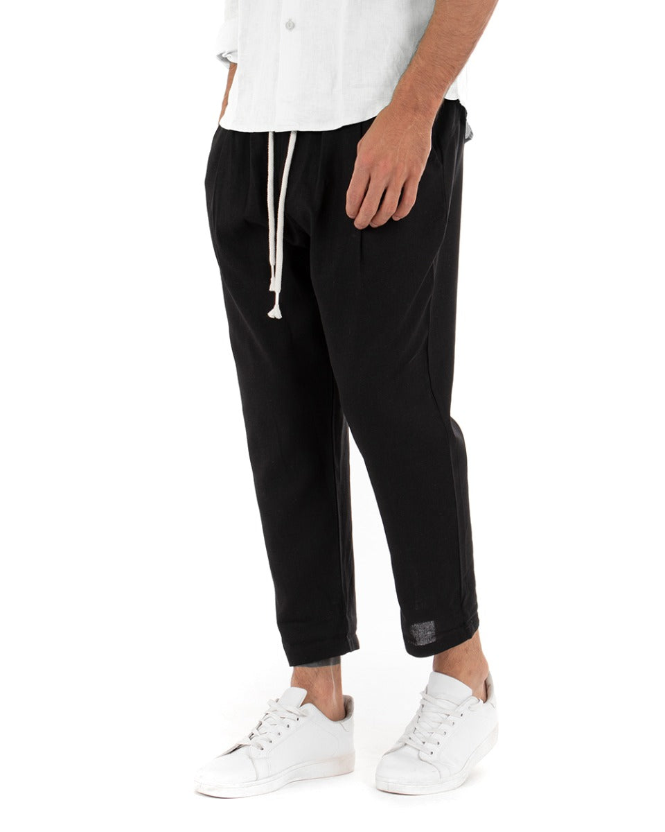 Pantaloni Uomo Pantalaccio Elastico Lino Tinta Unita Nero Cavallo Basso Casual GIOSAL-P3710A