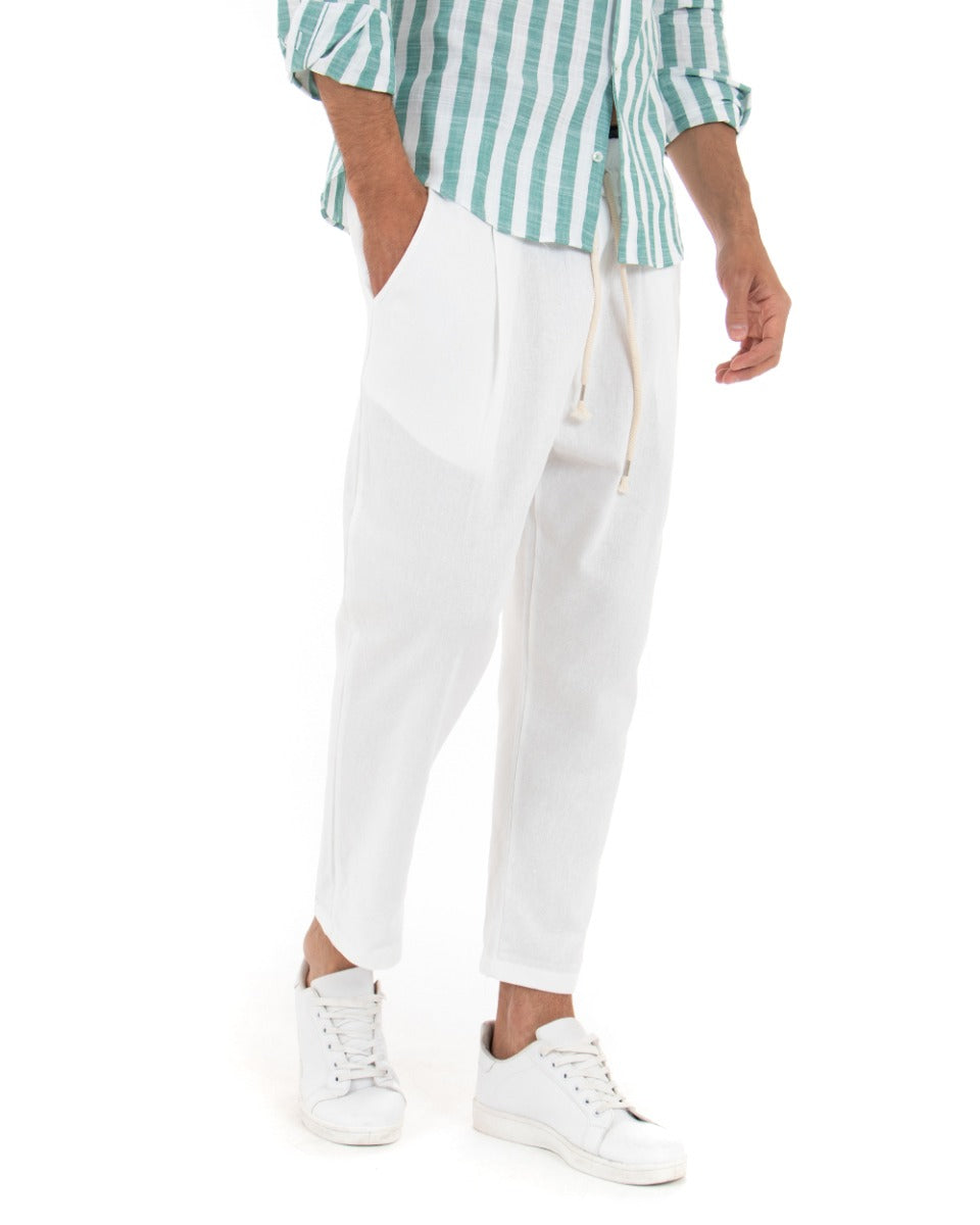 Pantaloni Uomo Pantalaccio Elastico Lino Tinta Unita Bianco Cavallo Basso Casual GIOSAL-P3711A