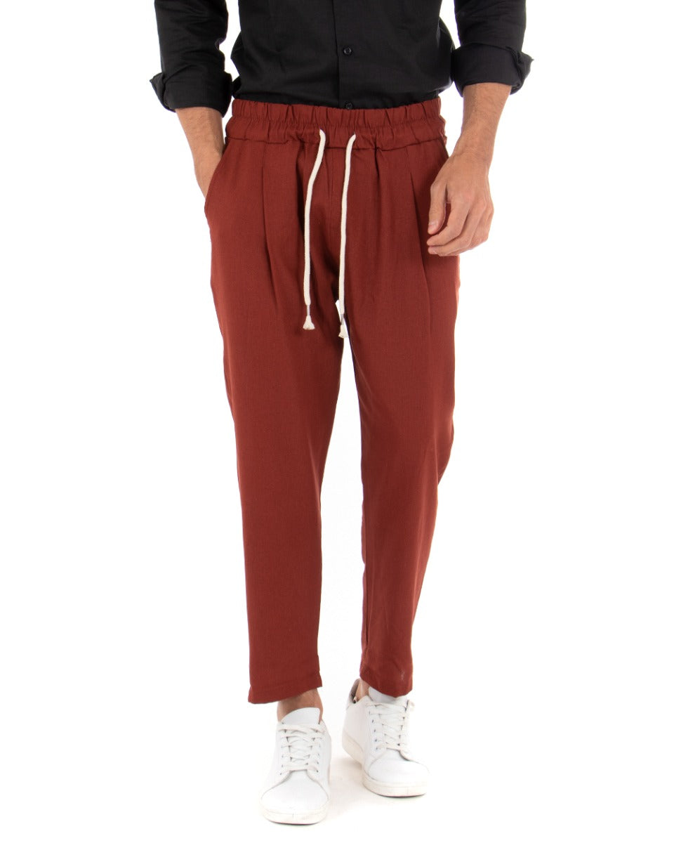 Pantaloni Uomo Pantalaccio Elastico Lino Tinta Unita Mattone Cavallo Basso Casual GIOSAL-P3712A
