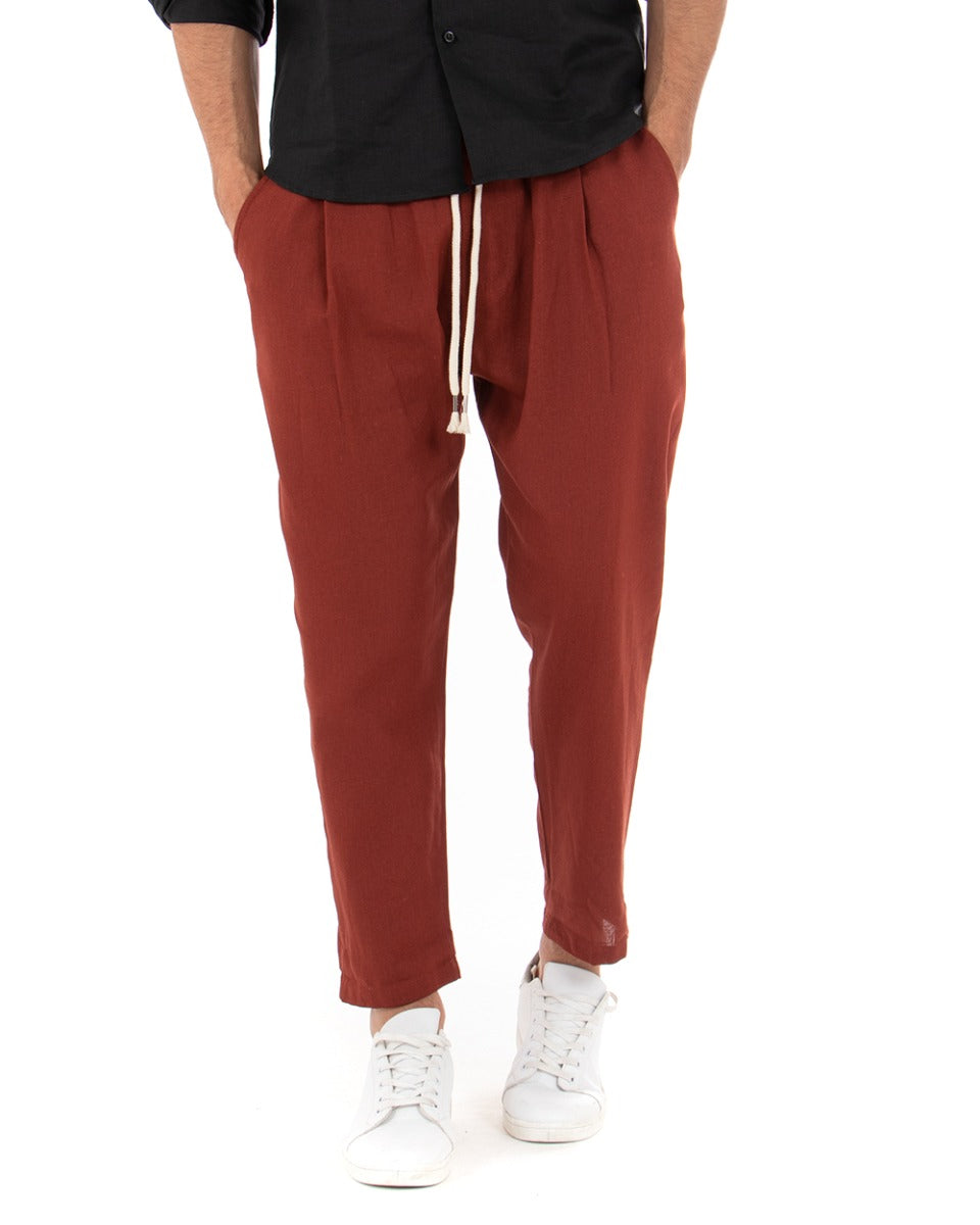 Pantaloni Uomo Pantalaccio Elastico Lino Tinta Unita Mattone Cavallo Basso Casual GIOSAL-P3712A
