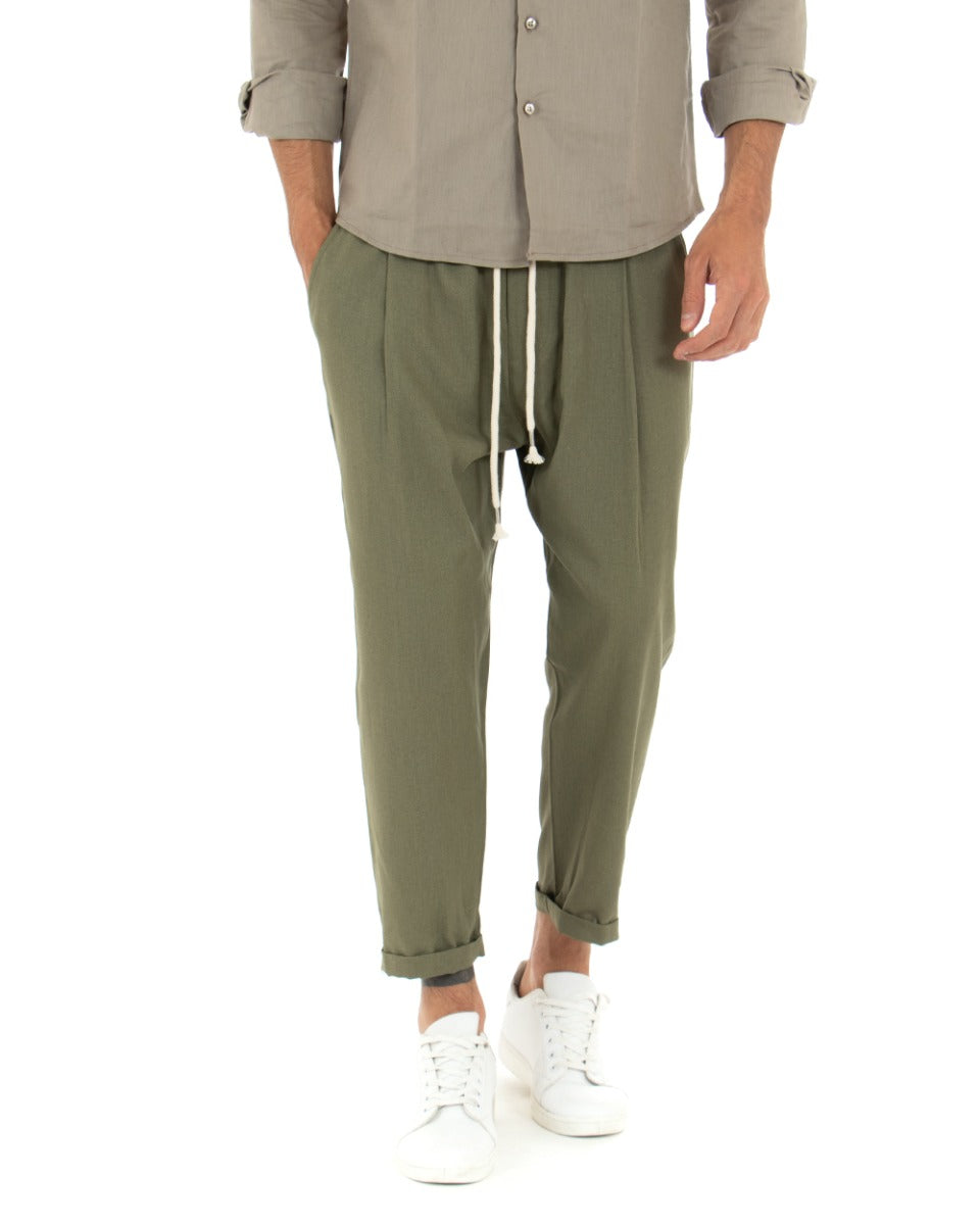 Pantaloni Uomo Pantalaccio Elastico Lino Tinta Unita Verde Cavallo Basso Casual GIOSAL-P3713A