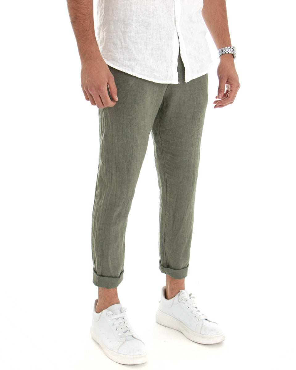 Men's Long Linen Trousers Solid Color Green Casual America Pocket Lace GIOSAL