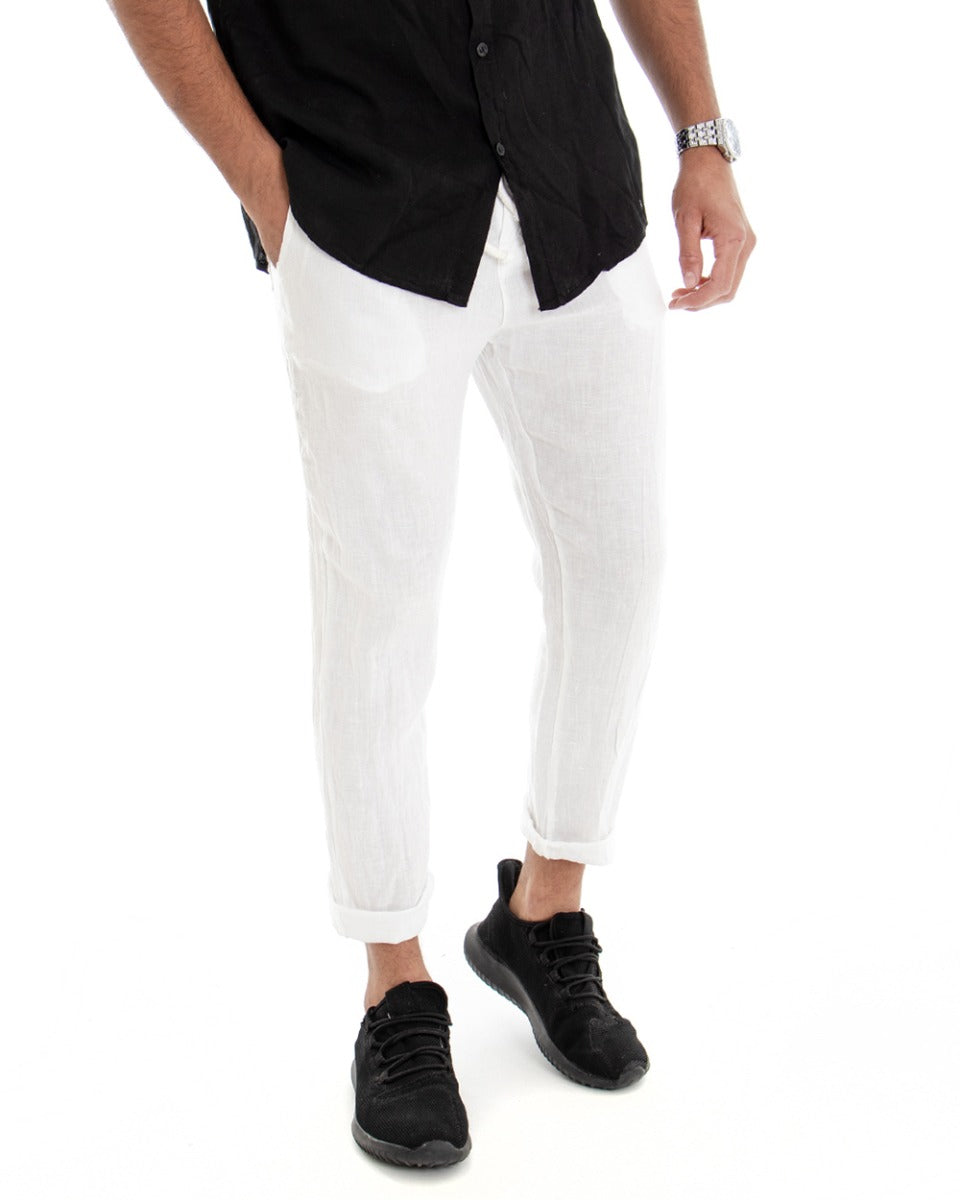 Men's Long Linen Trousers Solid Color White Casual America Pocket Lace GIOSAL