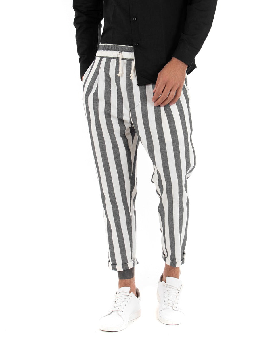 Men's Black Striped Linen Trousers Elastic Drawstring Two-tone Striped Pattern America Pocket Casual GIOSAL