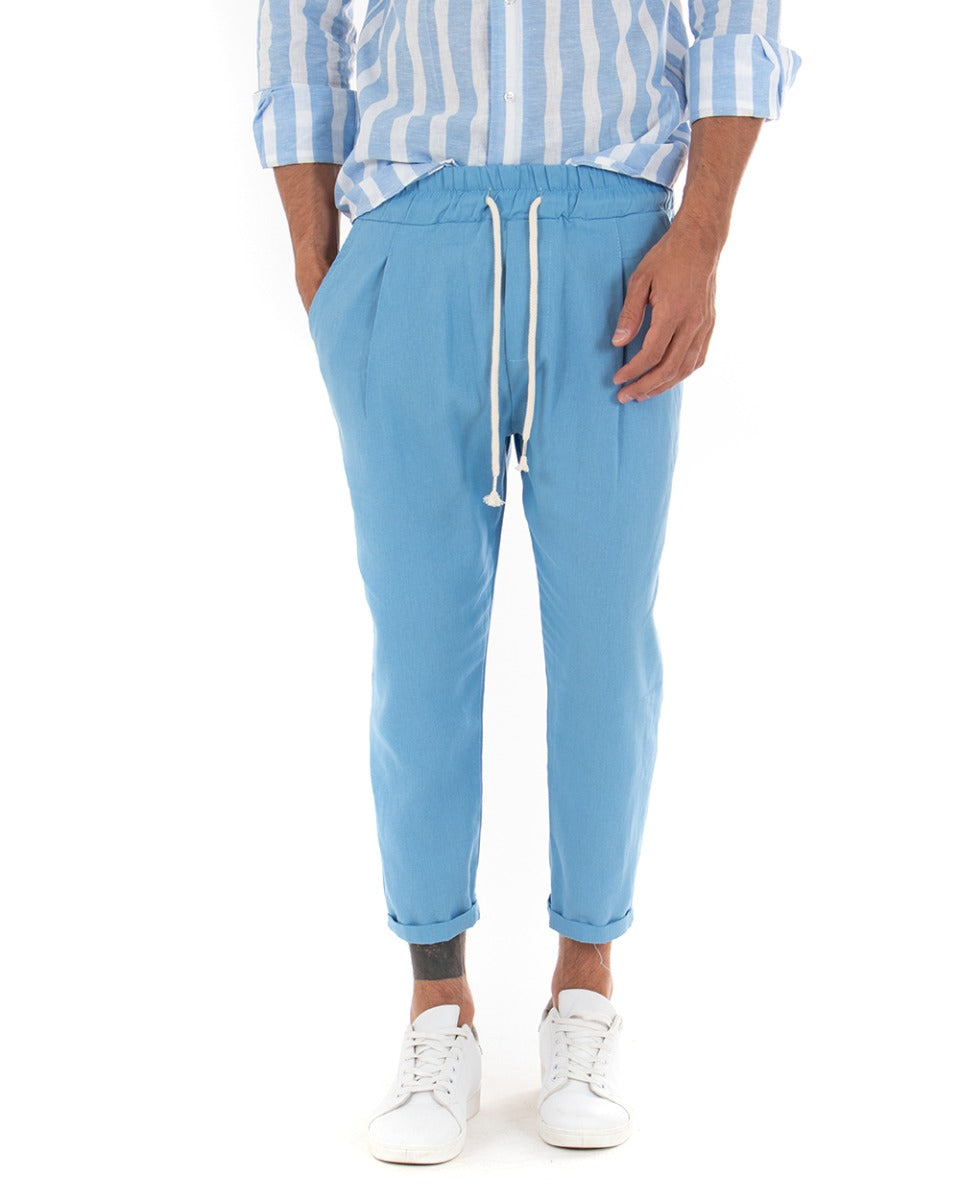 Men's Elastic Linen Solid Color Casual Low Crotch Trousers Light Blue GIOSAL
