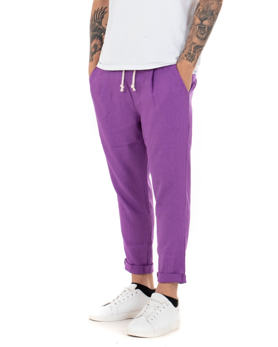 Men's Purple Elastic Linen Solid Color Casual Low Crotch Trousers GIOSAL