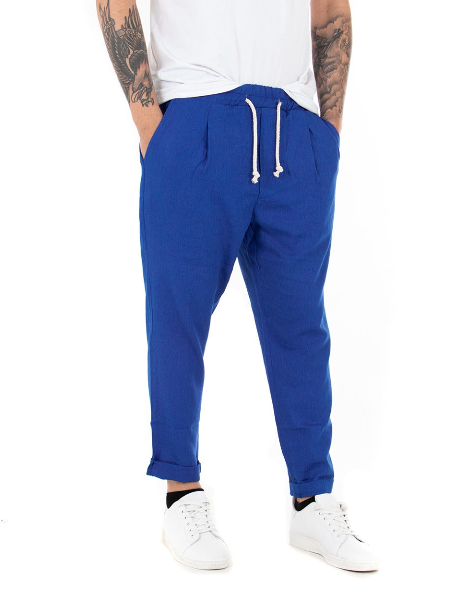 Men's Royal Blue Elastic Linen Solid Color Casual Low Crotch Trousers GIOSAL