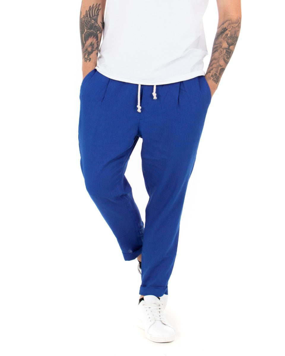 Pantaloni Uomo Pantalaccio Lino Lungo Jogger Elastico Sartoriale Casual Tinta Unita Blu Royal GIOSAL-P3802A