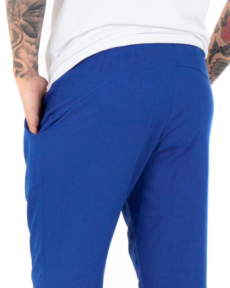 Men's Royal Blue Elastic Linen Solid Color Casual Low Crotch Trousers GIOSAL
