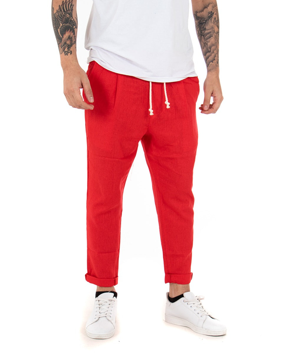 Pantaloni Uomo Pantalaccio Elastico Coulisse Lino Tinta Unita Rosso Ca