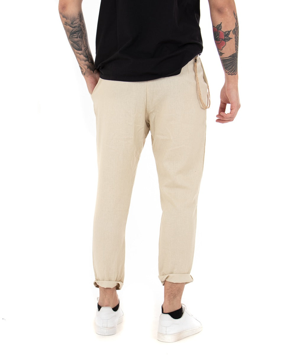 Men's Long Linen Trousers Solid Color Beige Casual America Pocket Button GIOSAL