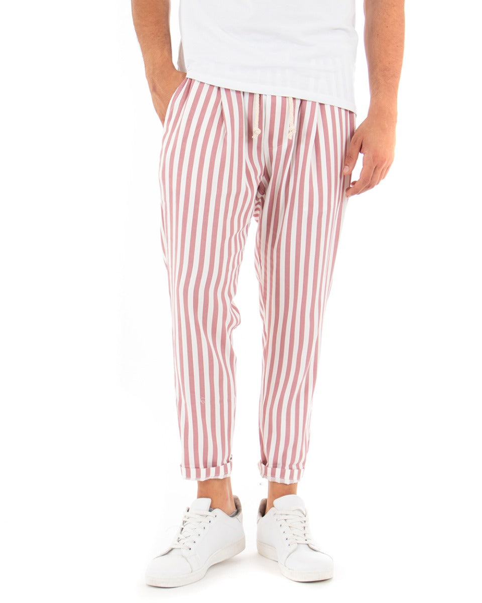 Men's Long Elastic Narrow Stripe Trousers Dark Pink Elastic Cotton Paul Barrell GIOSAL