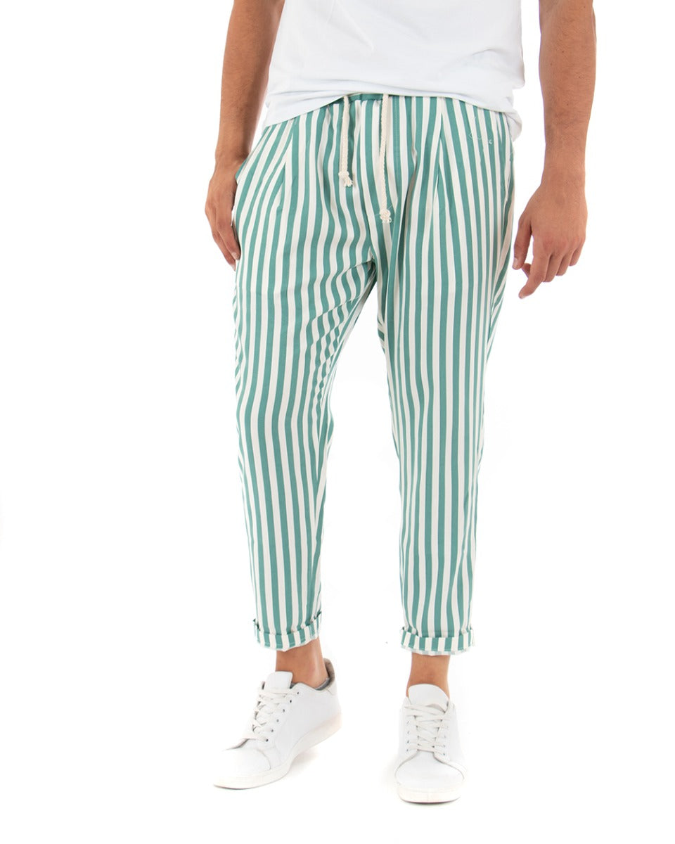 Men's Long Elastic Narrow Stripe Green Elastic Cotton Trousers Paul Barrell GIOSAL
