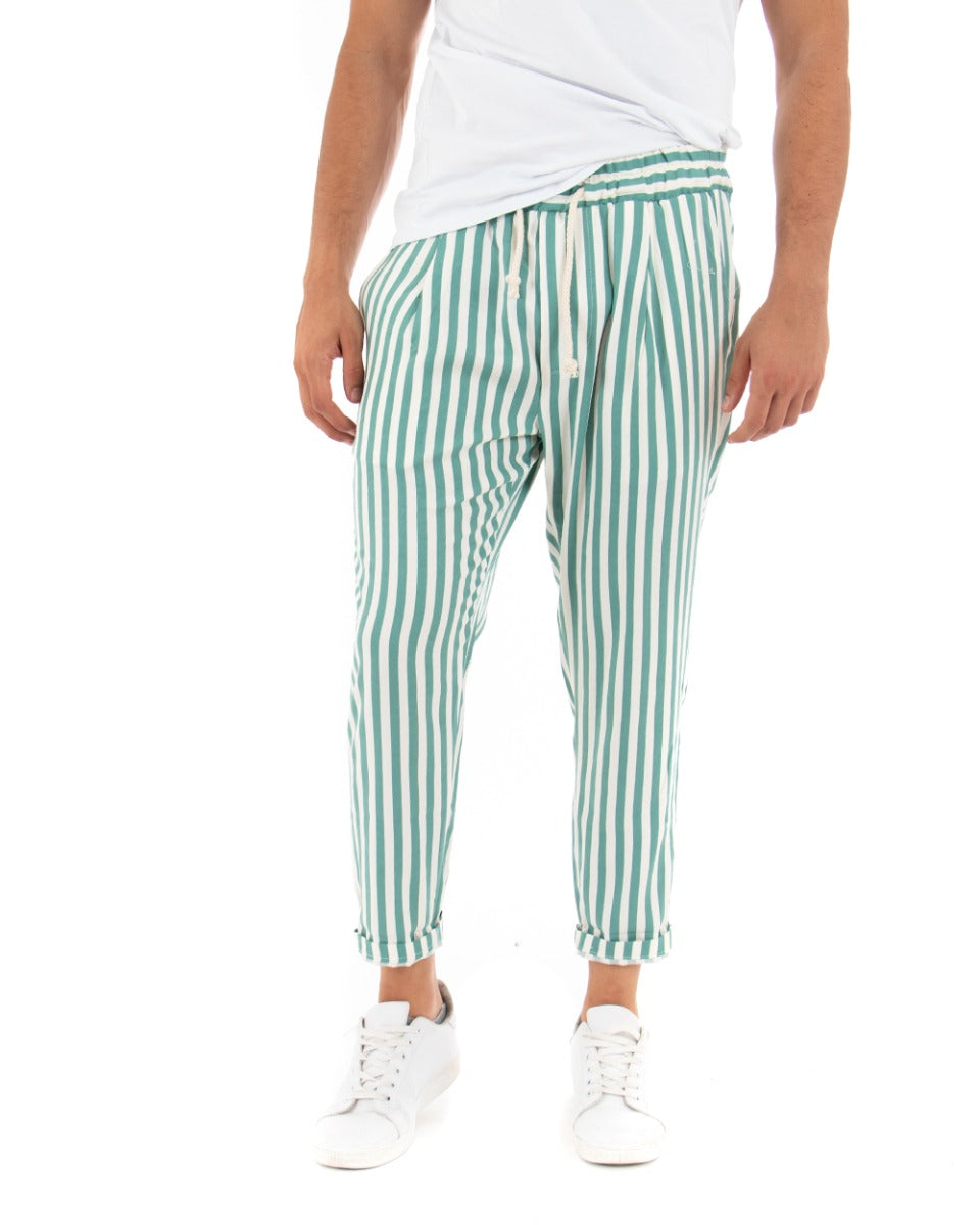 Men's Long Elastic Narrow Stripe Green Elastic Cotton Trousers Paul Barrell GIOSAL