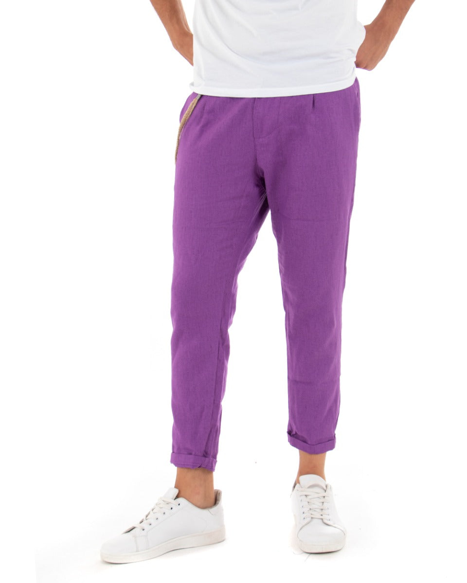 Men's Linen Solid Color Purple Paul Barrell Pinces Elegant Trousers GIOSAL