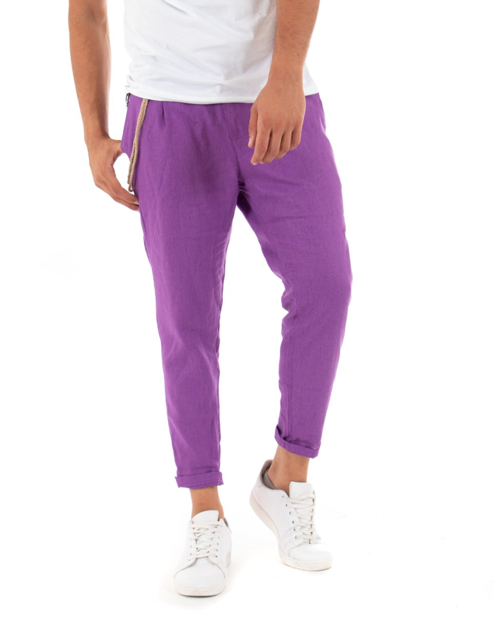Men's Linen Solid Color Purple Paul Barrell Pinces Elegant Trousers GIOSAL