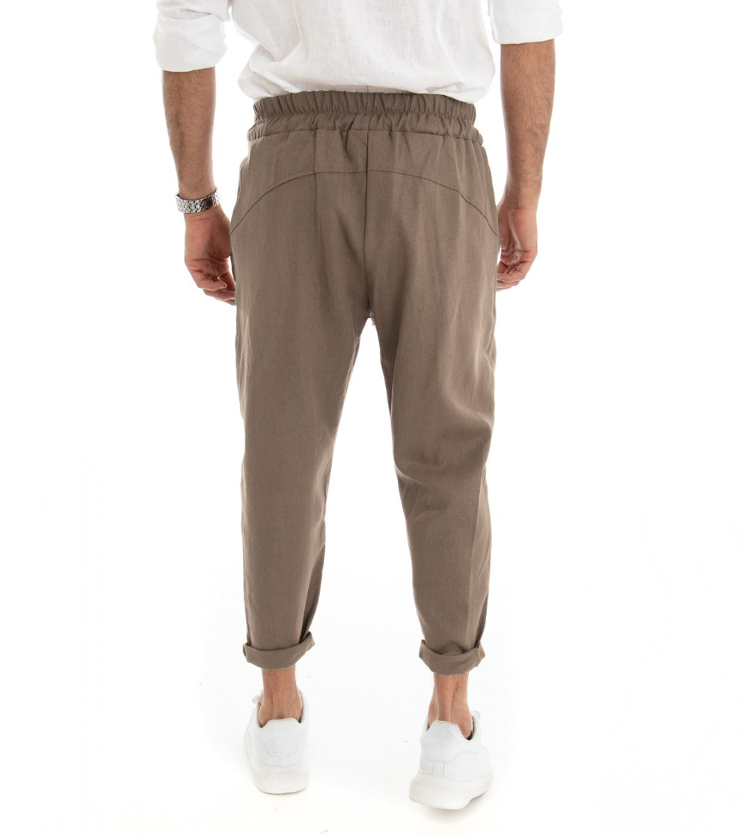 Men's Long Linen Solid Color Mud Trousers with America Pocket Elastic Drawstring GIOSAL
