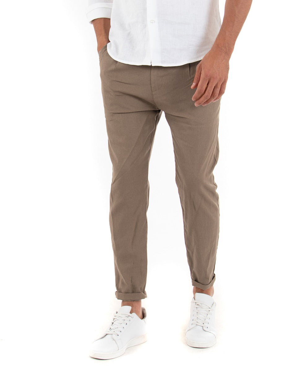 Men's Linen Plain Mud Trousers Chain Pocket America Pinces Elegant GIOSAL