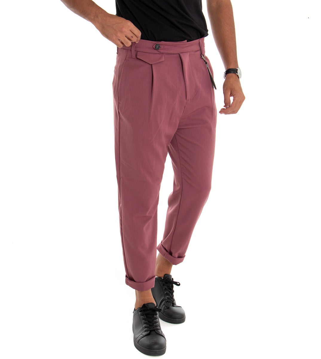Pantaloni Uomo Classico Viscosa Tinta Unita Rosa Tasca America Con Pinces GIOSAL-P3873A
