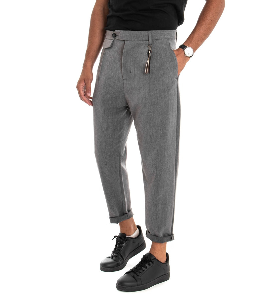 Classic Solid Color Long Men's Trousers Gray Pinces Viscose GIOSAL