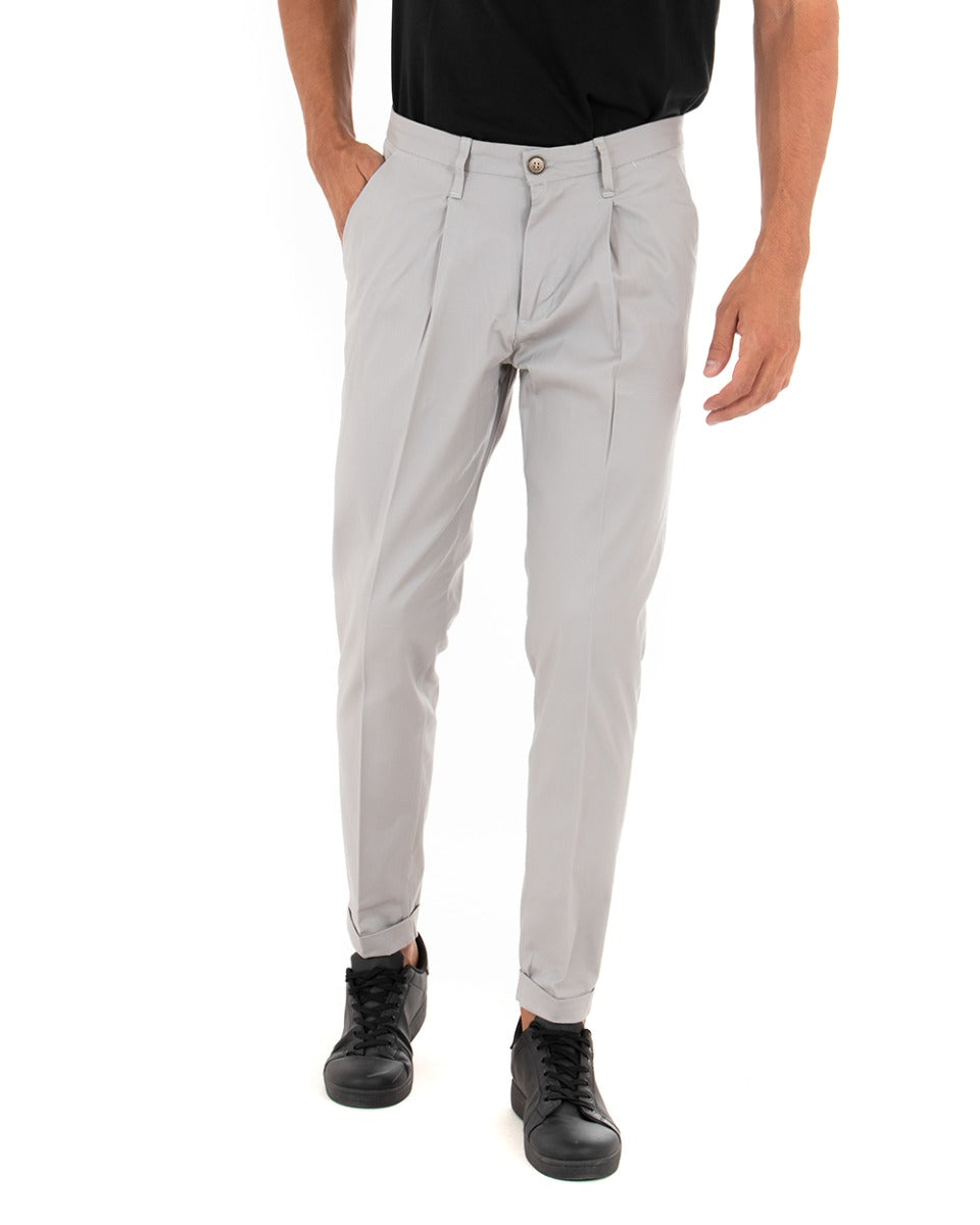 Long Men's Solid Color Light Gray Trousers with Classic Pleats GIOSAL