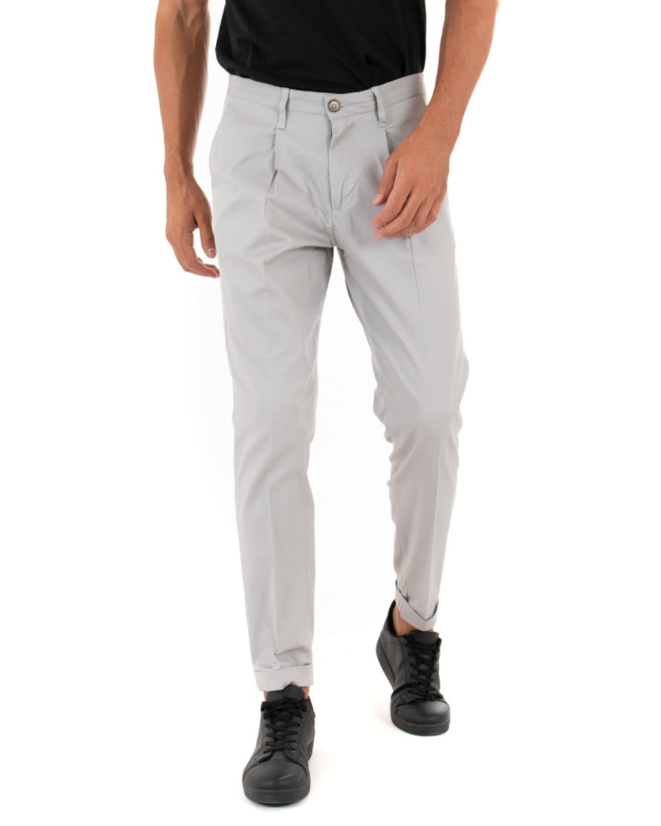 Long Men's Solid Color Light Gray Trousers with Classic Pleats GIOSAL