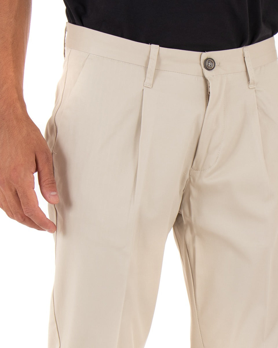 Pantaloni Uomo Tasca America Con Pinces Classico Cotone Tinta Unita Beige GIOSAL-P3909A