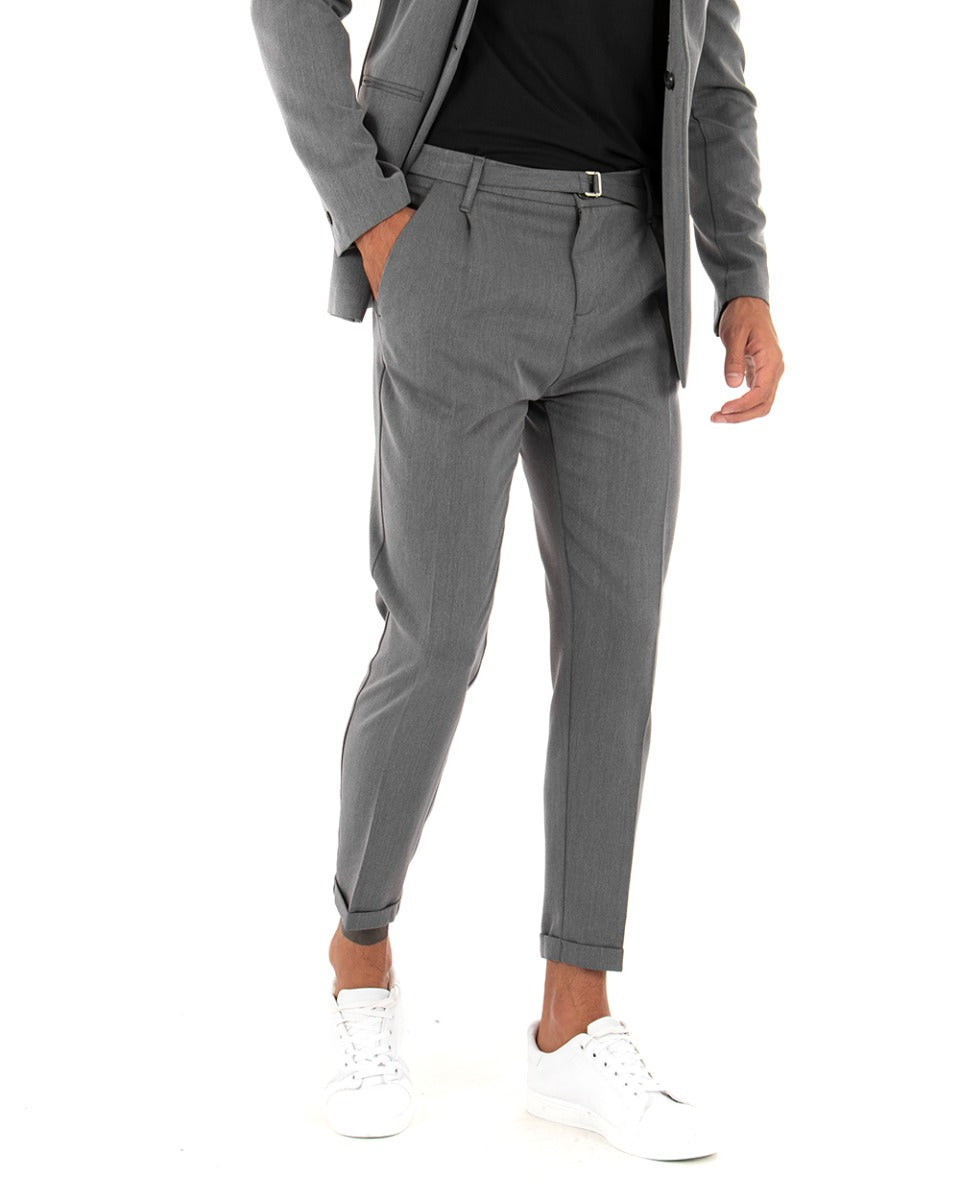 Men's Long Solid Color Gray Buckle Classic Casual Trousers GIOSAL
