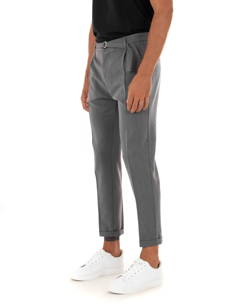Men's Long Solid Color Gray Buckle Classic Casual Trousers GIOSAL