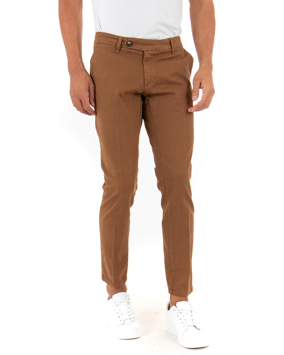 Men's Long Plain Tobacco Trousers with Elegant Elongated Button GIOSAL