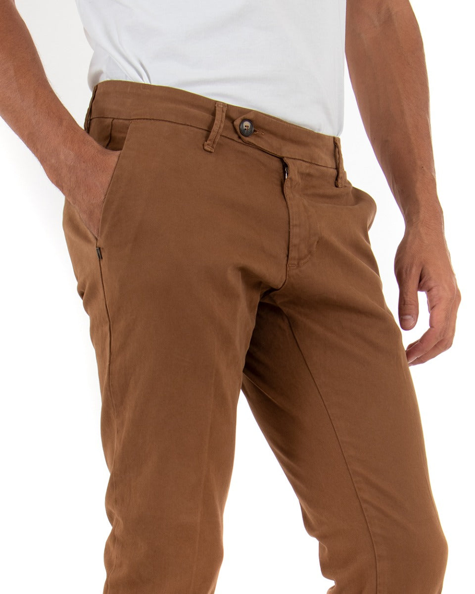 Men's Long Plain Tobacco Trousers with Elegant Elongated Button GIOSAL