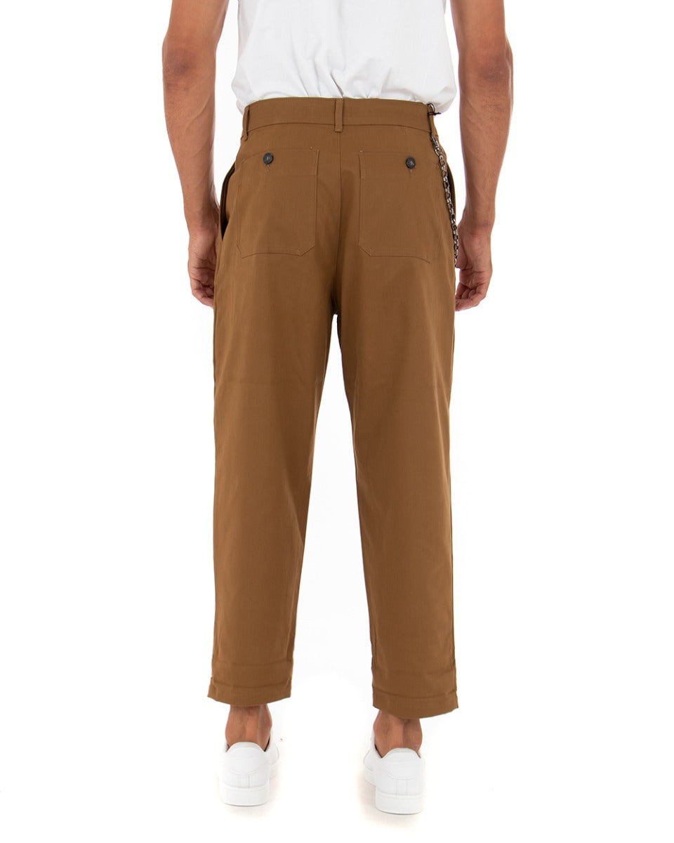 Long Men's Solid Color Camel Wide Fit Trousers with Chain Pleats GIOSAL