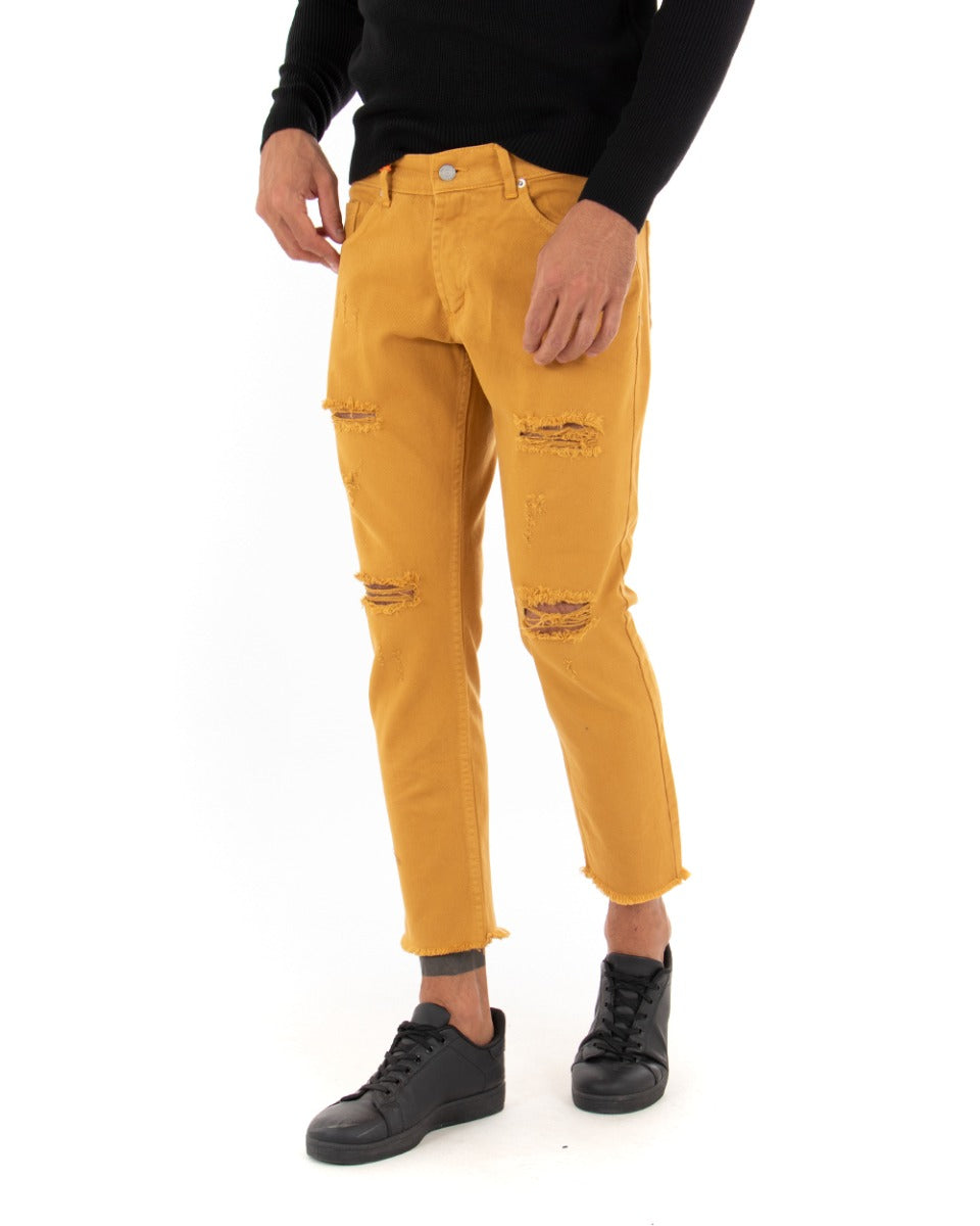 Pantaloni Jeans Con Taglio Al Ginocchio Uomo Slim Fit Senape Casual GIOSAL-P4035A