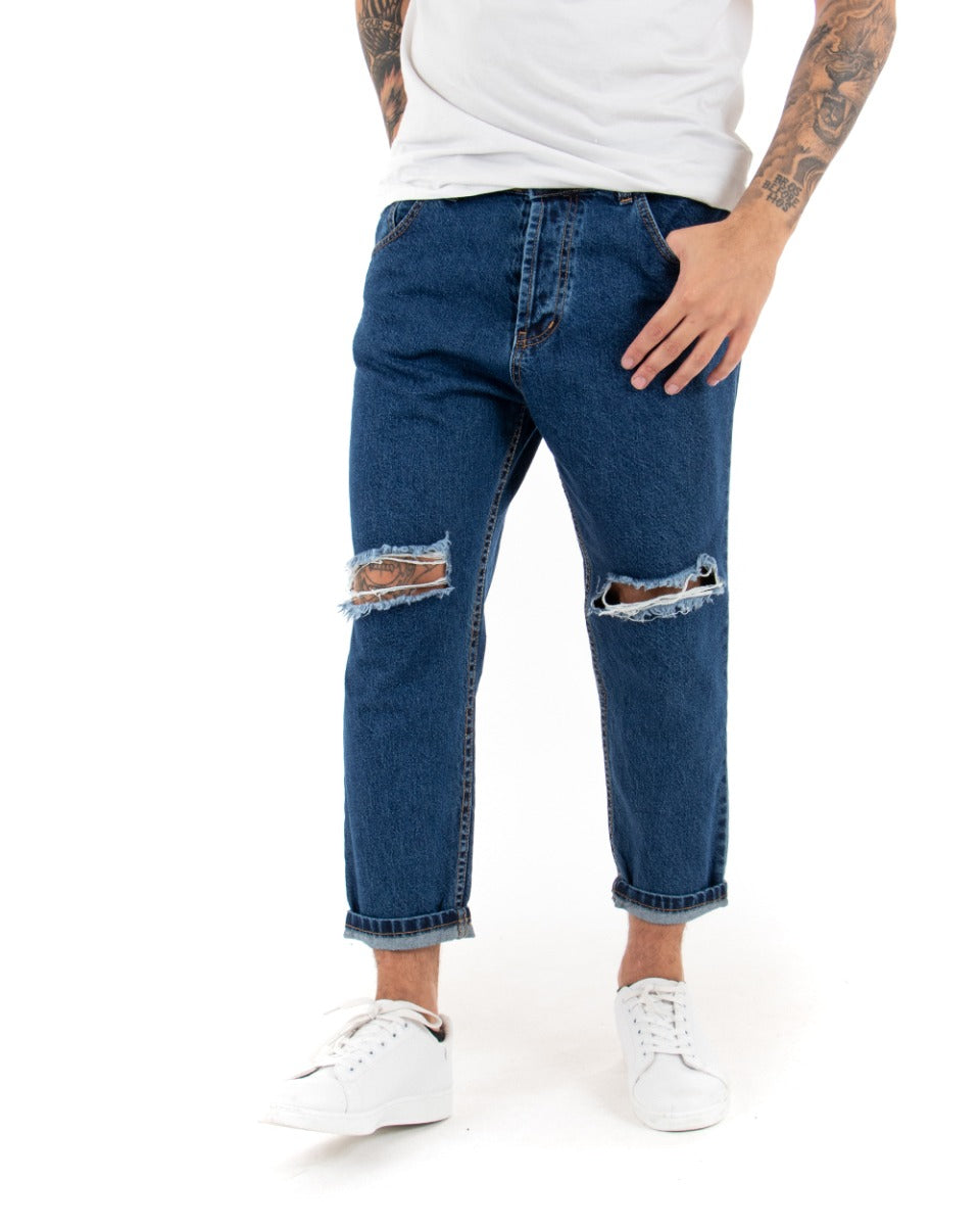Pantaloni Jeans Uomo Loose Fit Denim Scuro Con Taglio Al Ginocchio Cinque Tasche GIOSAL-P4084A