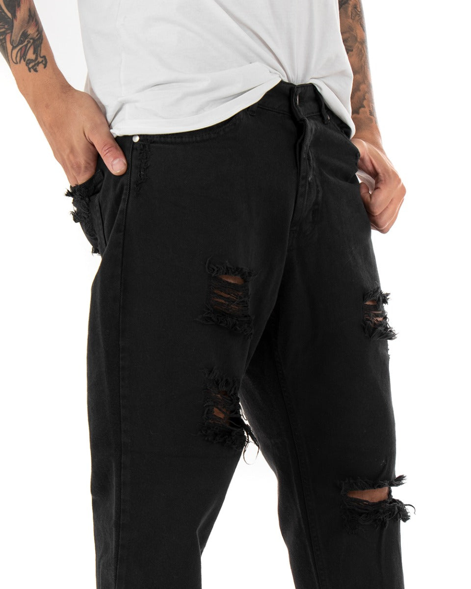 Pantaloni Jeans Uomo Loose Fit Nero Con Rotture Cinque Tasche Casual GIOSAL-P4085A