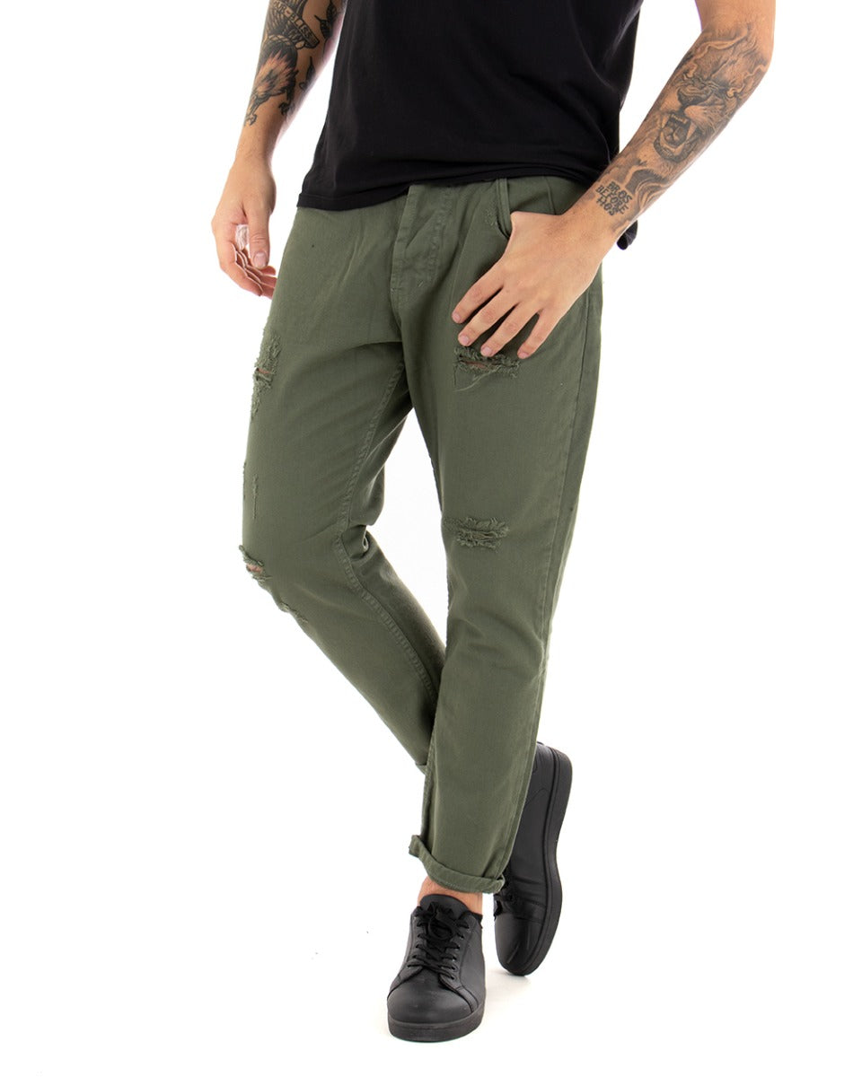 Men's Jeans Trousers Loose Fit Green With Rips Five Casual Pockets GIOSAL-P4086A