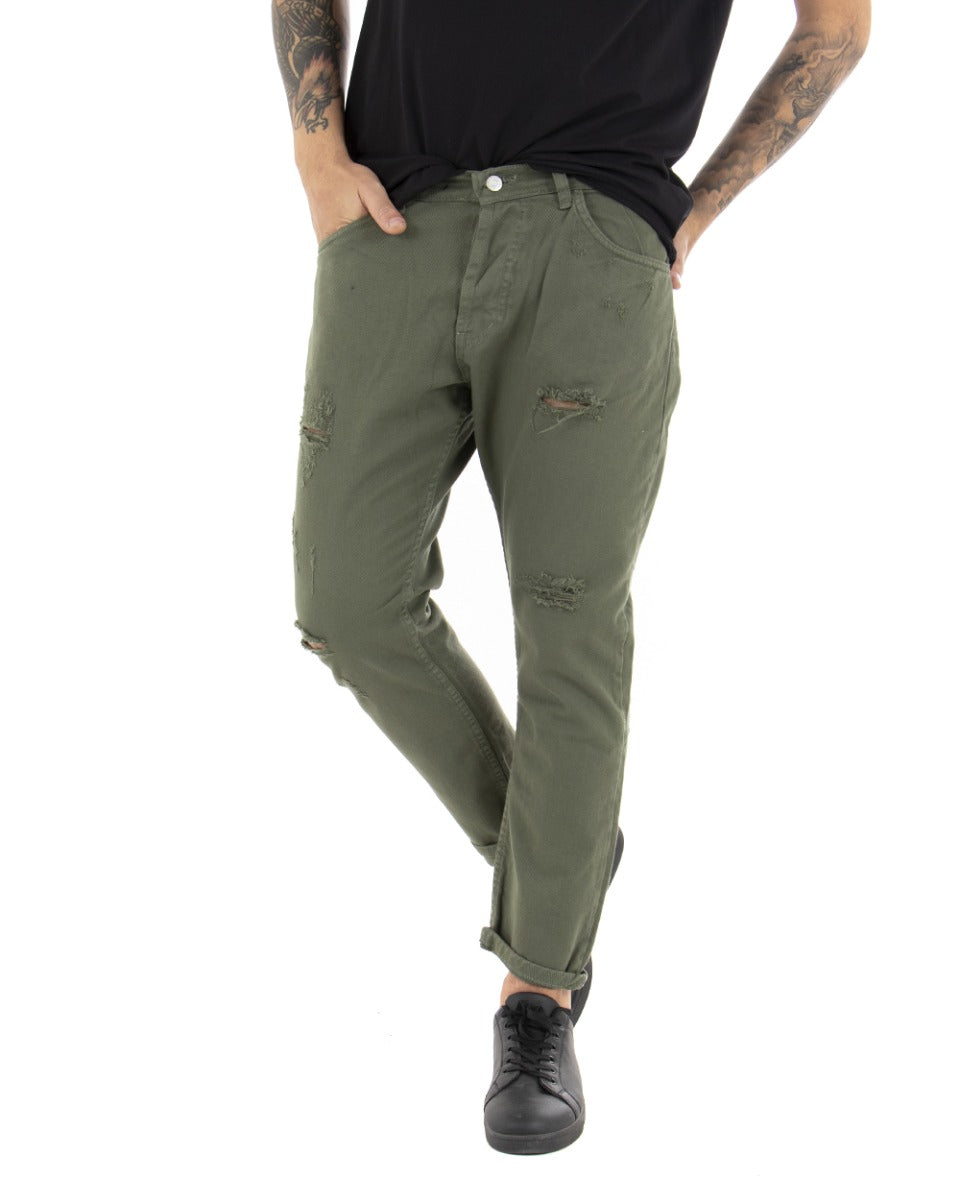 Pantaloni Jeans Uomo Loose Fit Verde Con Rotture Cinque Tasche Casual GIOSAL-P4086A