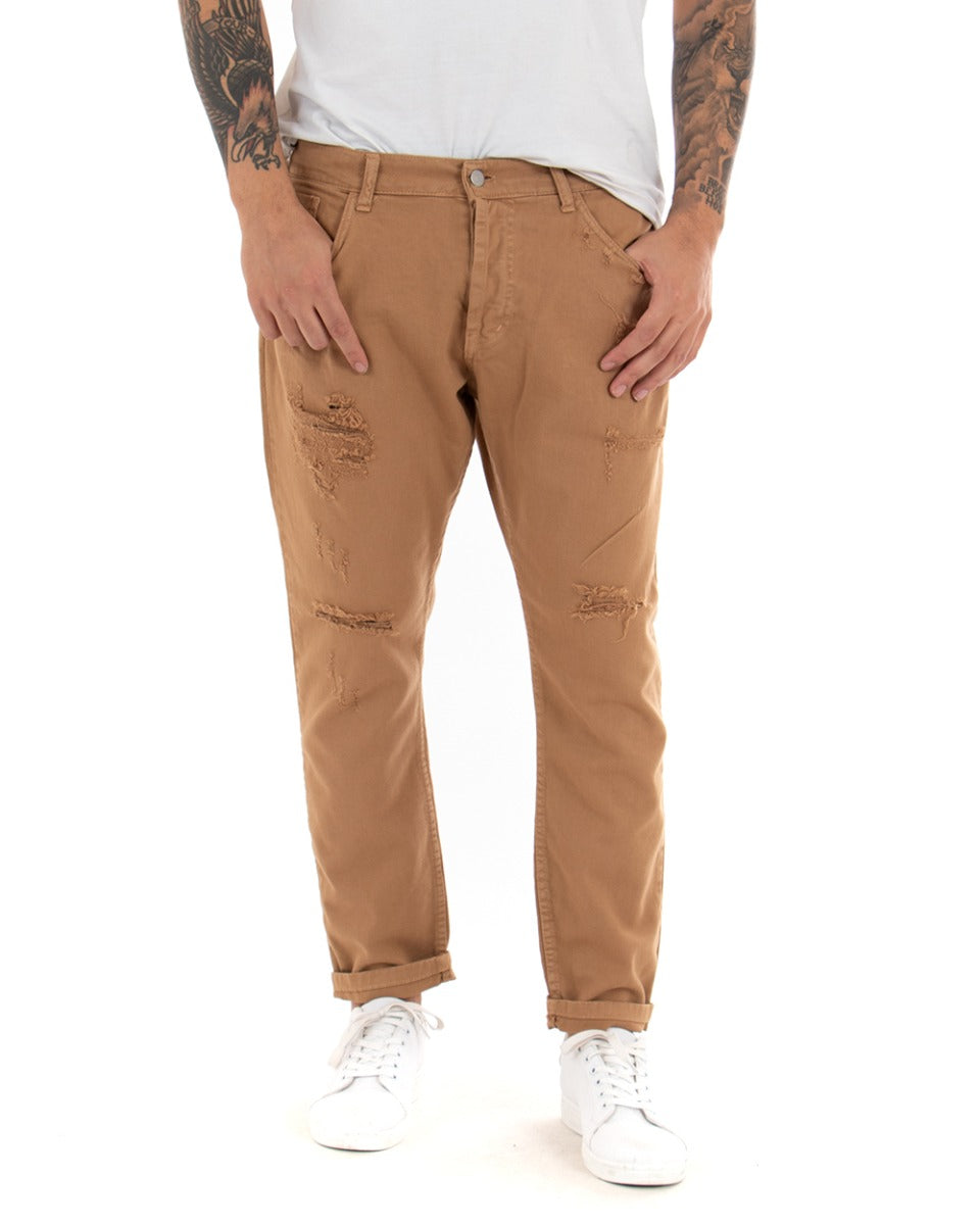 Men's Jeans Trousers Loose Fit Camel With Rips Five Casual Pockets GIOSAL-P4088A
