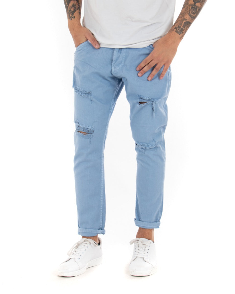 Pantaloni Jeans Uomo Loose Fit Azzurro Con Rotture Cinque Tasche Casual GIOSAL-P4089A