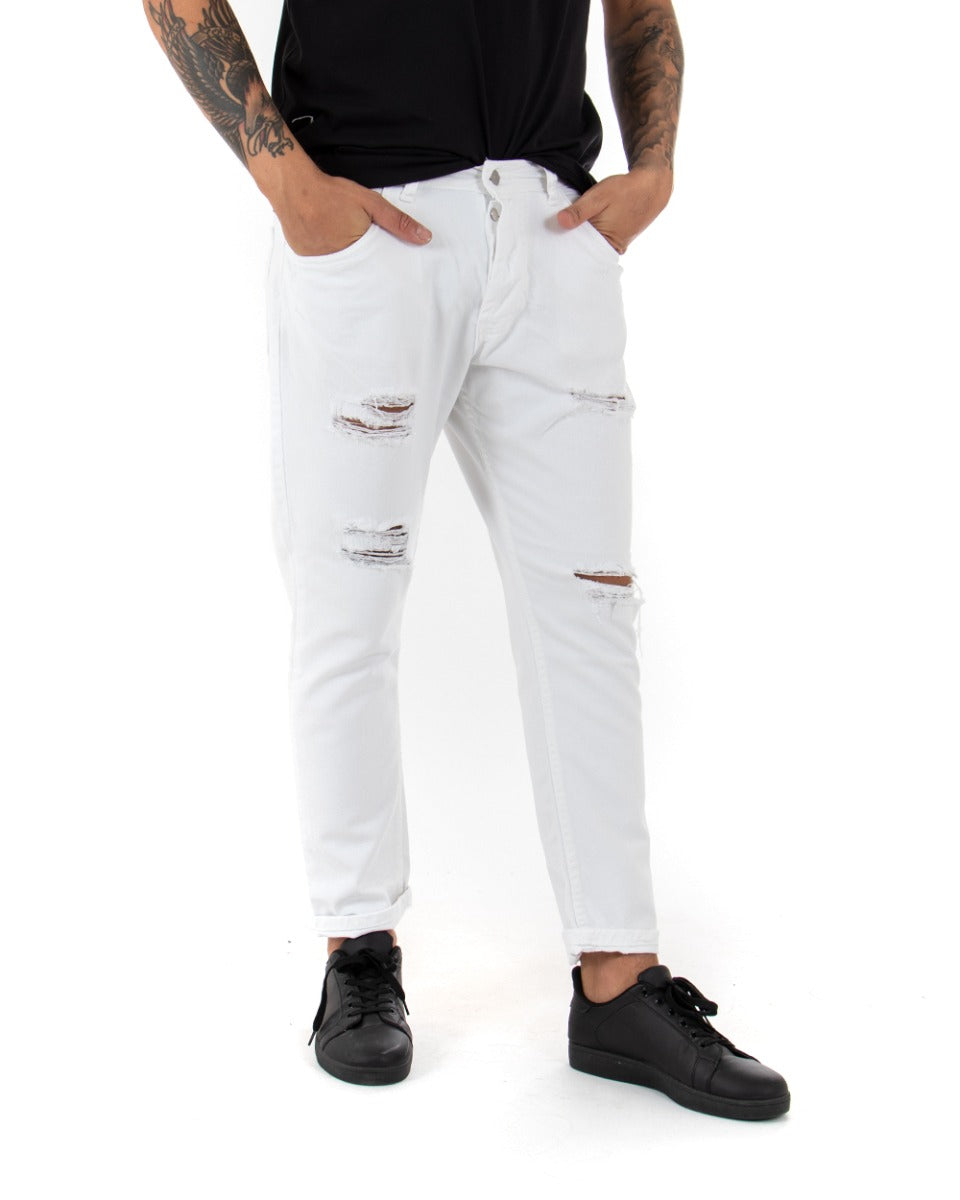 Men's Jeans Trousers Loose Fit White With Rips Five Casual Pockets GIOSAL-P4091A