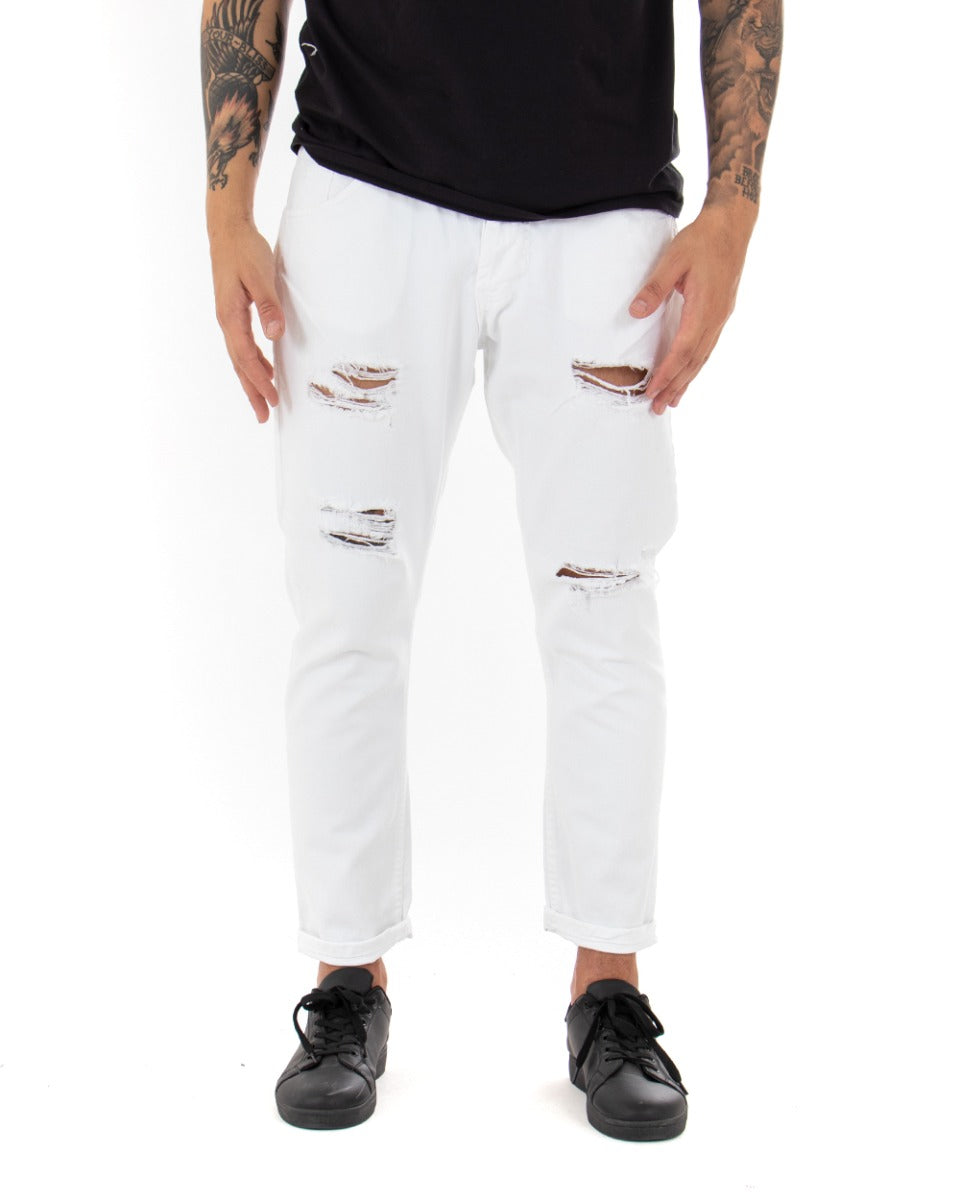 Men's Jeans Trousers Loose Fit White With Rips Five Casual Pockets GIOSAL-P4091A