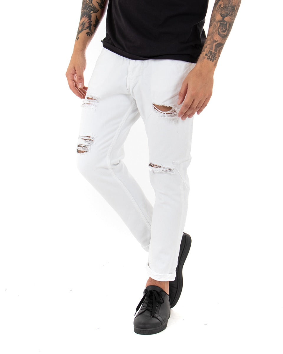 Pantaloni Jeans Uomo Loose Fit Bianco Con Rotture Cinque Tasche Casual GIOSAL-P4091A