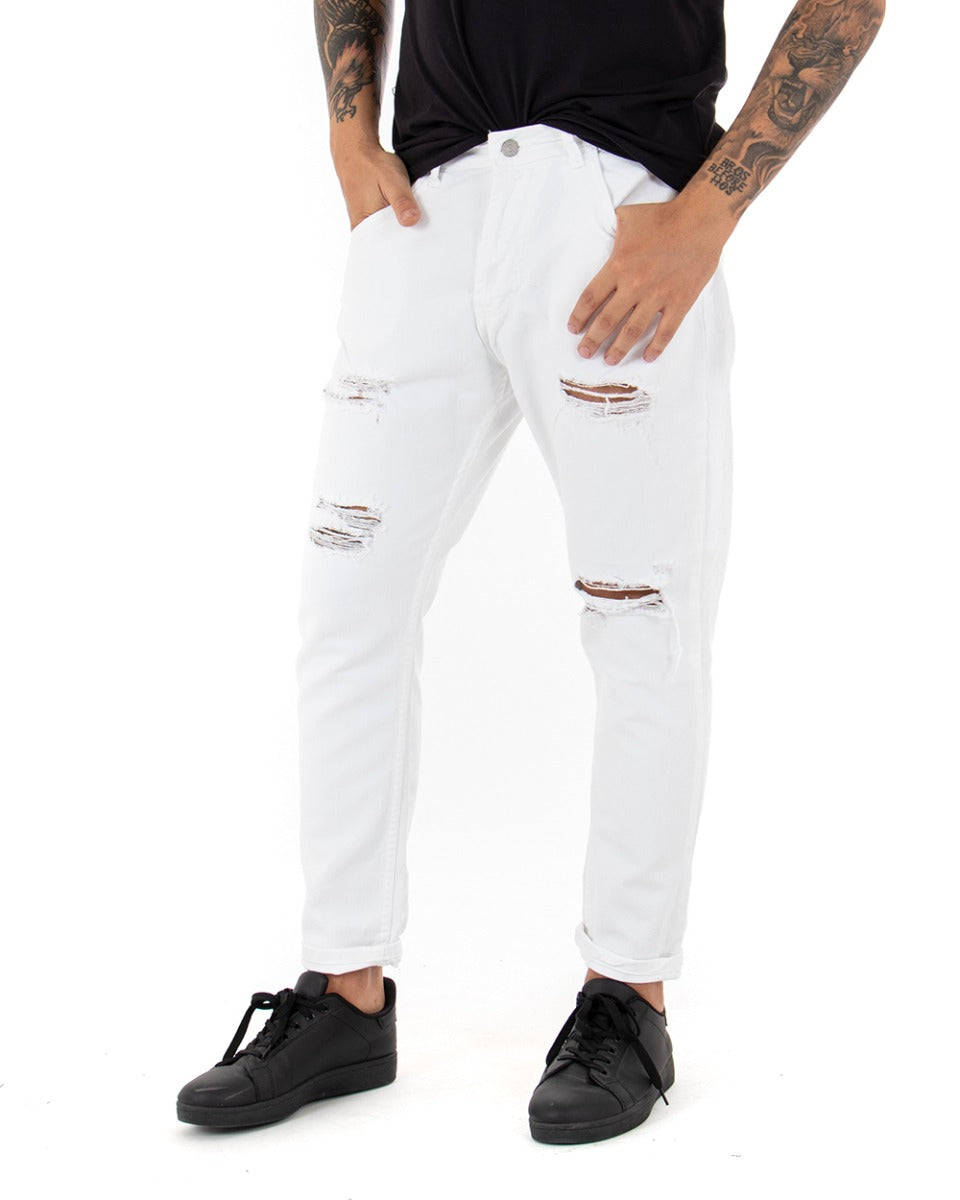 Pantaloni Jeans Uomo Loose Fit Bianco Con Rotture Cinque Tasche Casual GIOSAL-P4091A