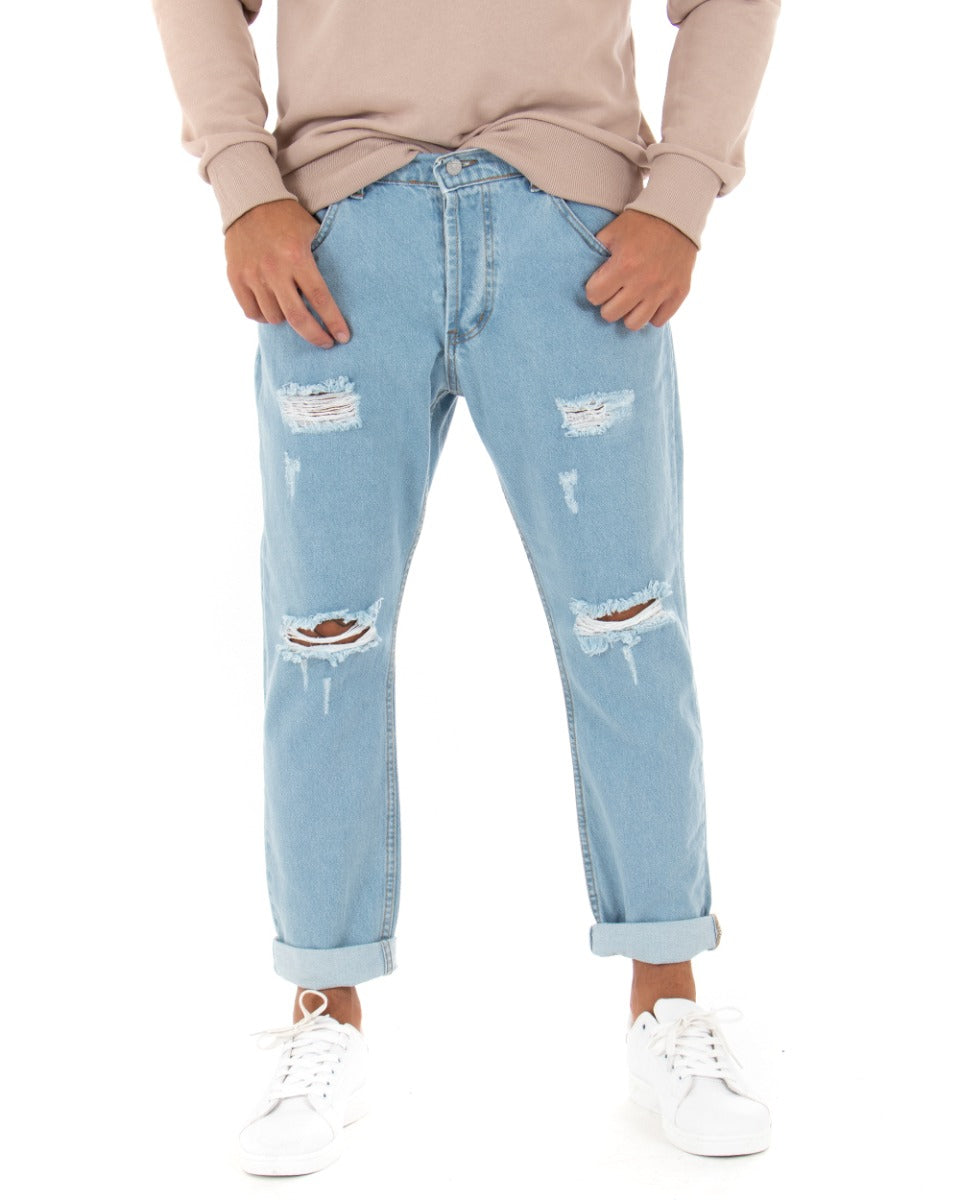 Pantaloni Jeans Uomo Loose Fit Denim Chiaro Con Rotture Cinque Tasche GIOSAL-P5053A