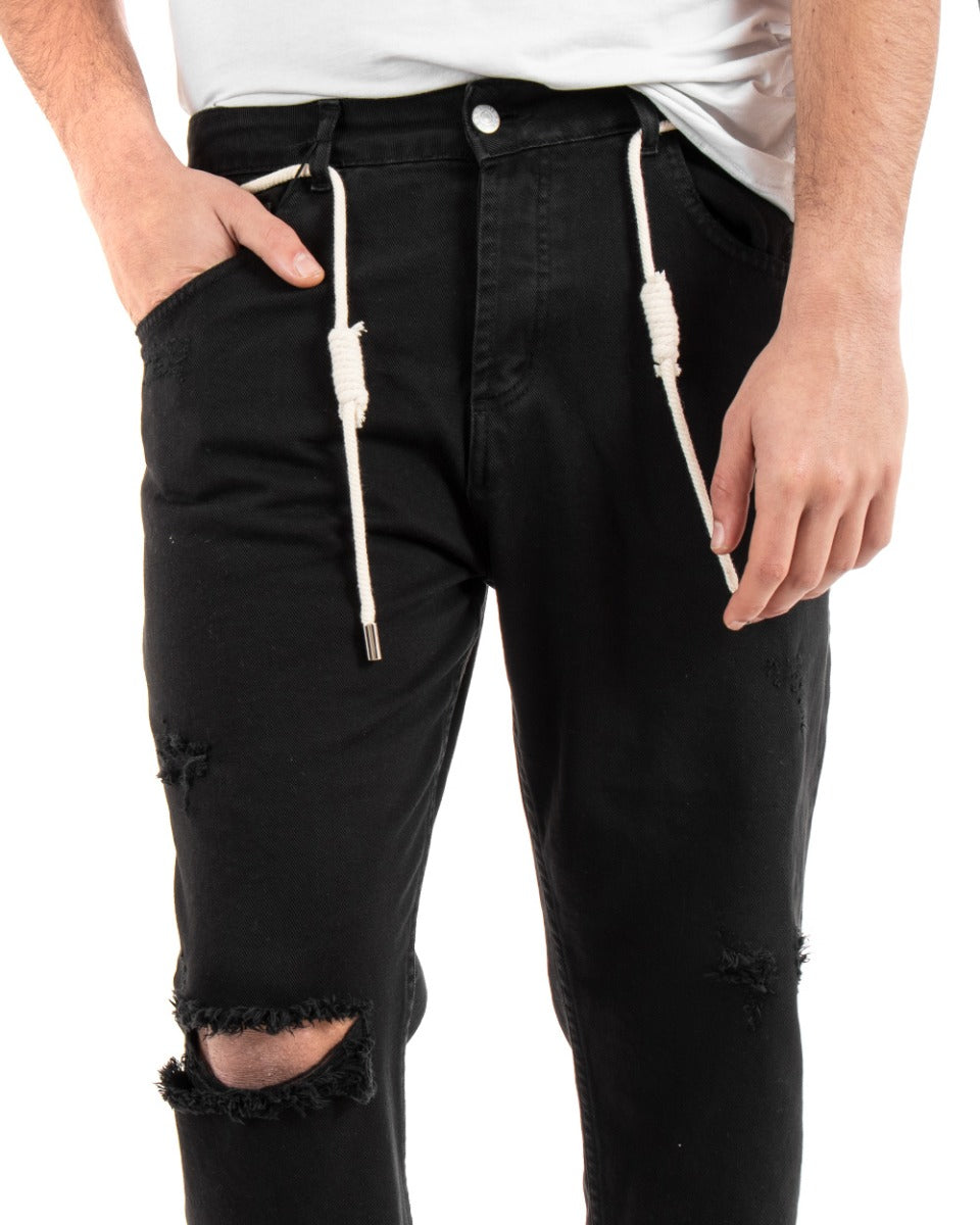 Pantaloni Uomo Jeans Cinque Tasche Nero Rotture Taglio Al Ginocchio GIOSAL-P5084A
