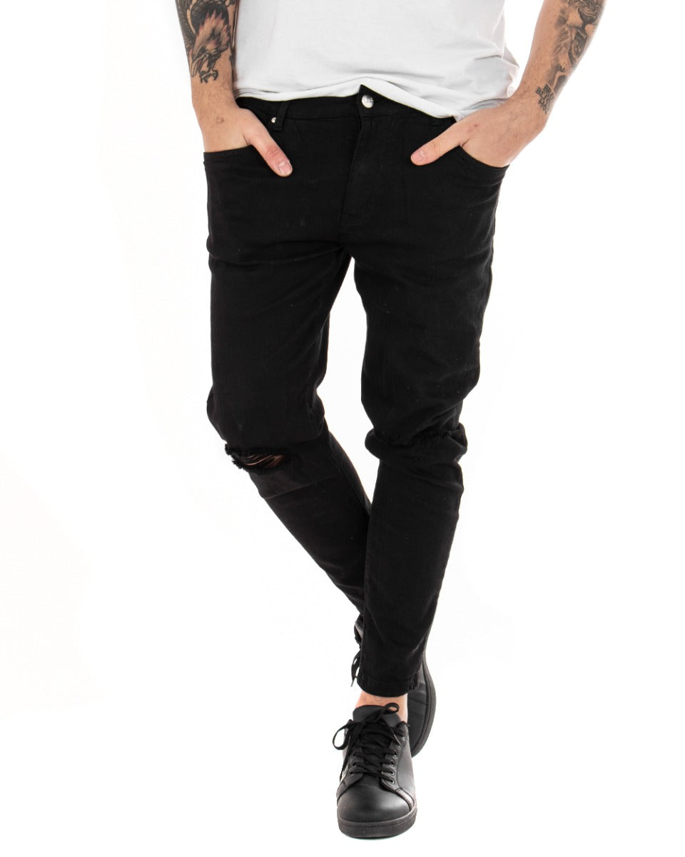 Pantaloni Jeans Uomo Slim Fit Nero Basic Con Taglio Al Ginocchio Cinque Tasche Casual GIOSAL-P5085A